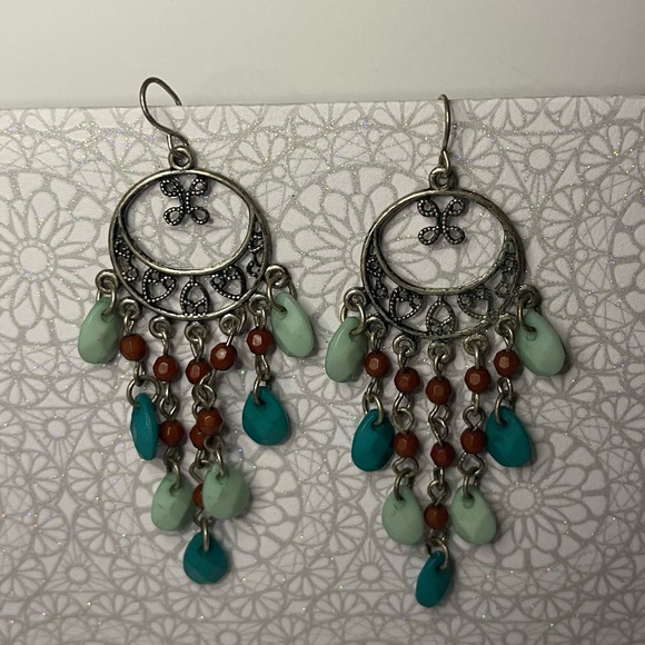 New Sterling Silver Blue Green Red Beaded Boho Handmade Floral Chandler Earrings - Picture 8 of 9